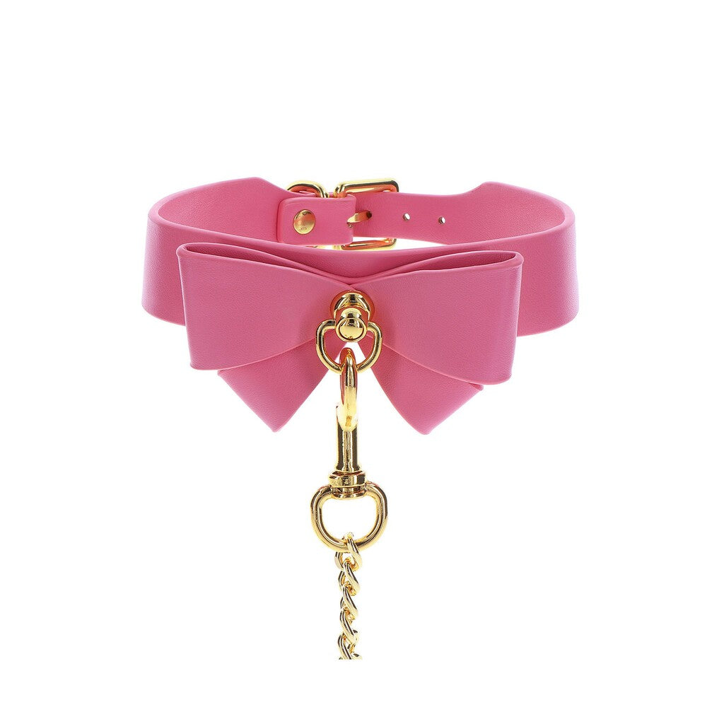 Taboom Malibu Bow Collar and Leash Pink 48cm - Cute Bow Gold-Plated Vegan PU Leather