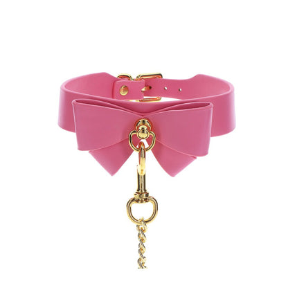 Taboom Malibu Bow Collar and Leash Pink 48cm - Cute Bow Gold-Plated Vegan PU Leather