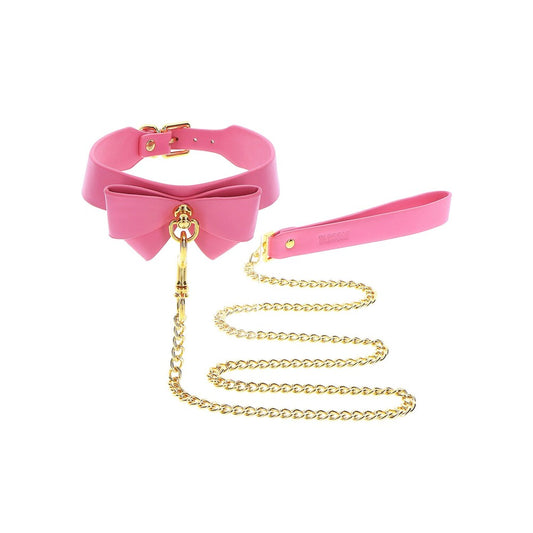 Taboom Malibu Bow Collar and Leash Pink 48cm - Cute Bow Gold-Plated Vegan PU Leather