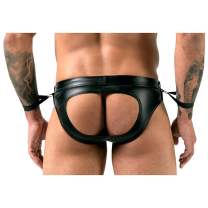 Black Matte Look Open Back Jock Brief with Handcuffs - Bondage Jock