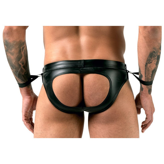 Black Matte Look Open Back Jock Brief with Handcuffs - Bondage Jock