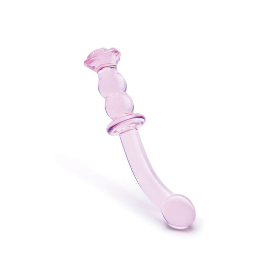 Glaze Glass Rosebud G-Spot Dildo 8" Pink - Curved Beaded Handle Borosilicate