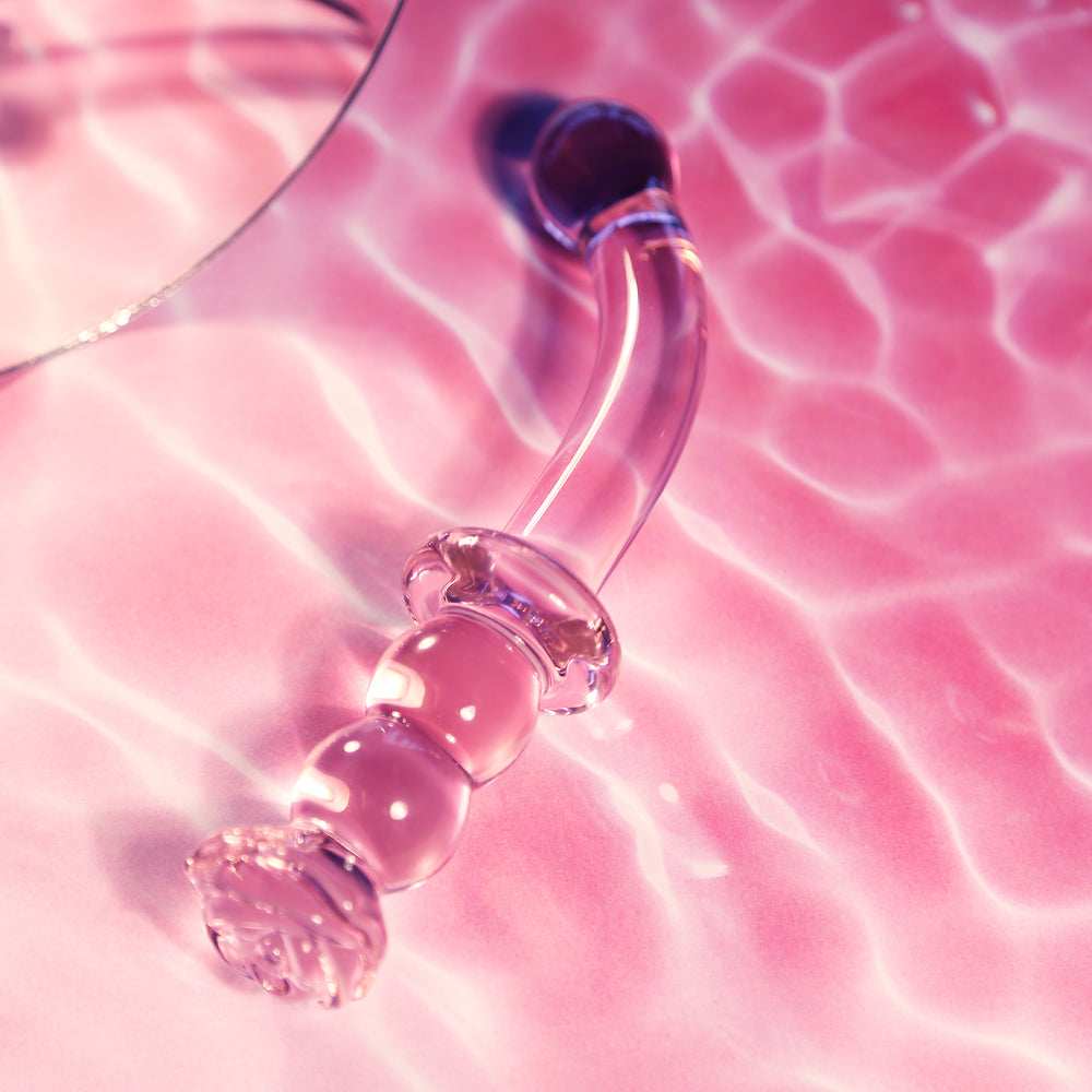 Glaze Glass Rosebud G-Spot Dildo 8" Pink - Curved Beaded Handle Borosilicate