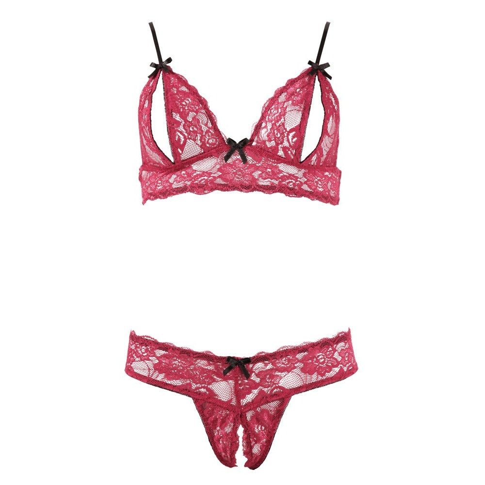 Red Lace Open Cup Bra and Crotchless G-String Set - Cottelli Devotion