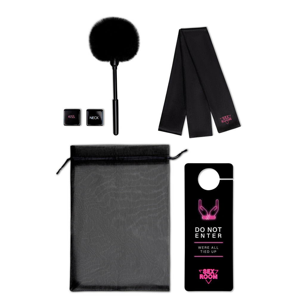 Sex Room Vibe Kit Black - 10 Modes USB Rechargeable Dice Feather Blindfold Tickler Sensory Play