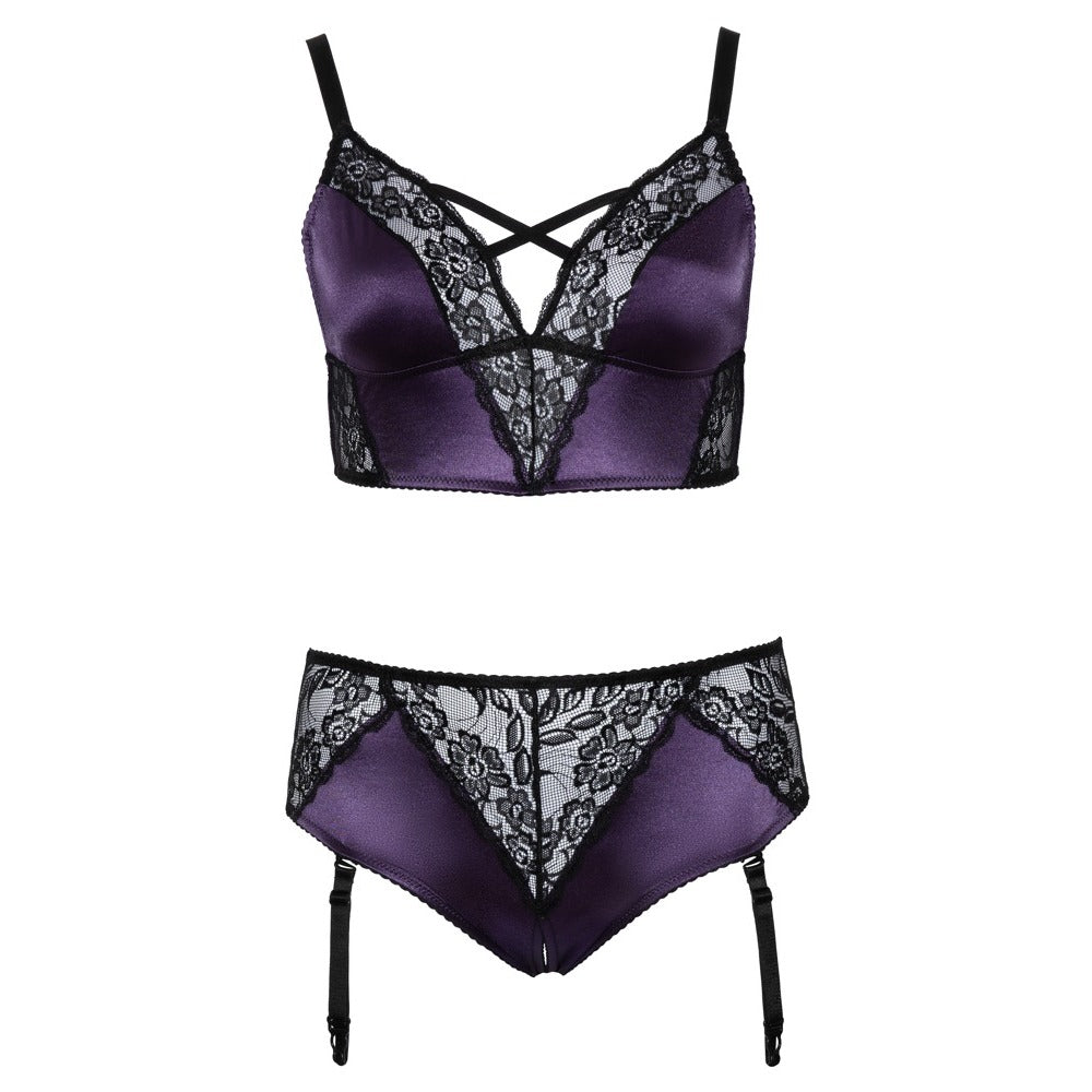 Purple Satin and Lace Bralette Suspender Set - Curvy Suspender