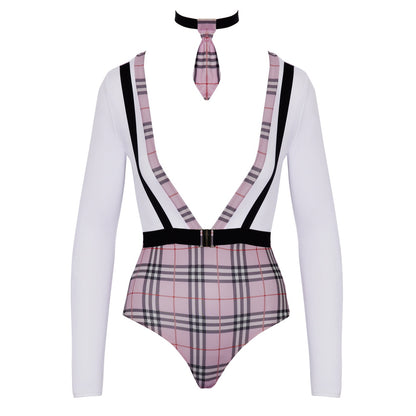Chequered Collage Girl Long-Sleeve Body and Tie Set - College Girl Devotion