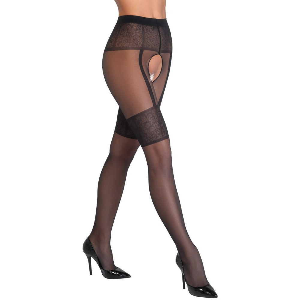 Black Crotchless Tights with Woven Suspender Belt - Suspender Tights