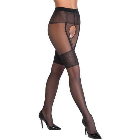 Black Crotchless Tights with Woven Suspender Belt - Suspender Tights
