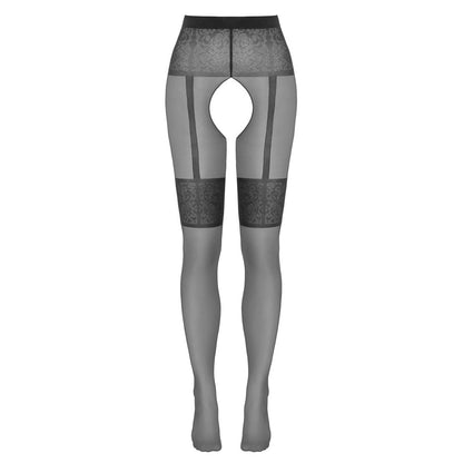 Black Crotchless Tights with Woven Suspender Belt - Suspender Tights