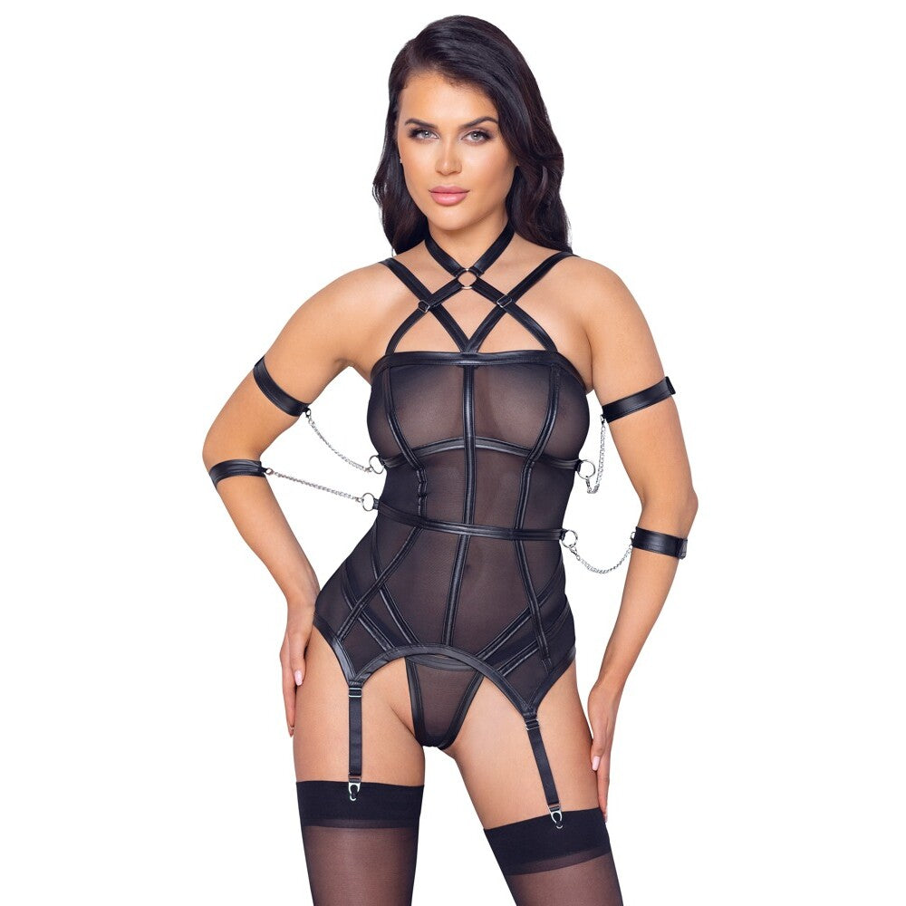 Black Power net Bondage Basque with 4 Restraints and String - Sacred Restraint