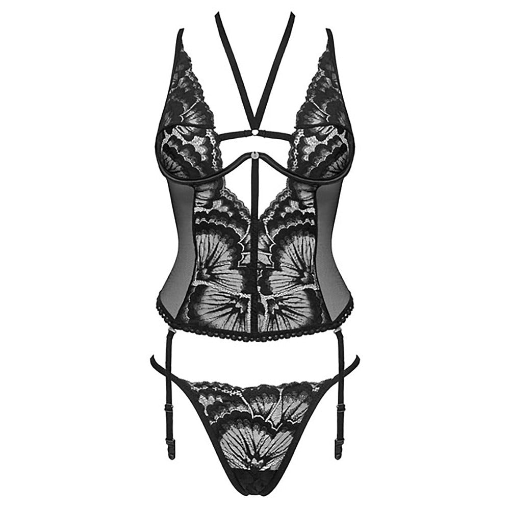 Black Lace Basque with Underwire and String - Alessya Seduction