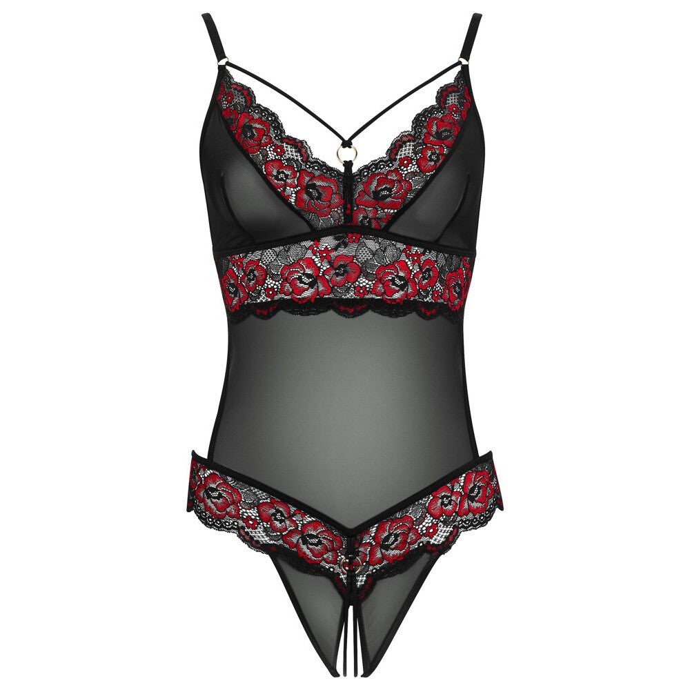 Black Floral Lace Crotchless Body with Powernet - Floral Revelation