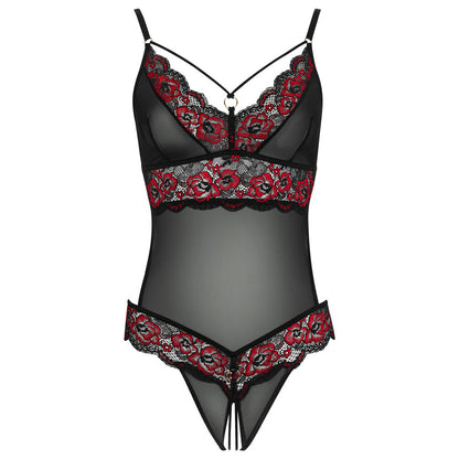 Black Floral Lace Crotchless Body with Powernet - Floral Revelation
