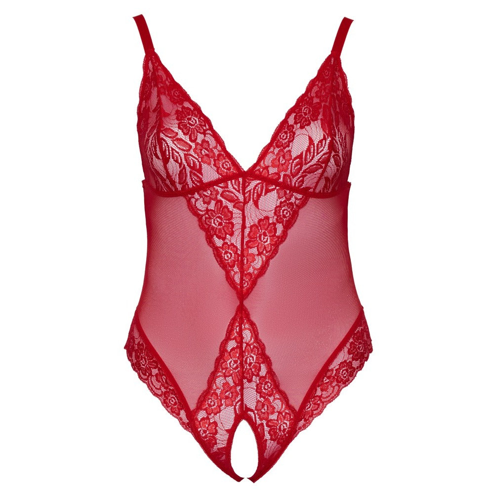Red Power net Crotchless Body with Lace - Curvy Crimson