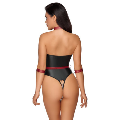Black Matte Look Crotchless Body with Red Harness and Handcuffs - Bondage Harness