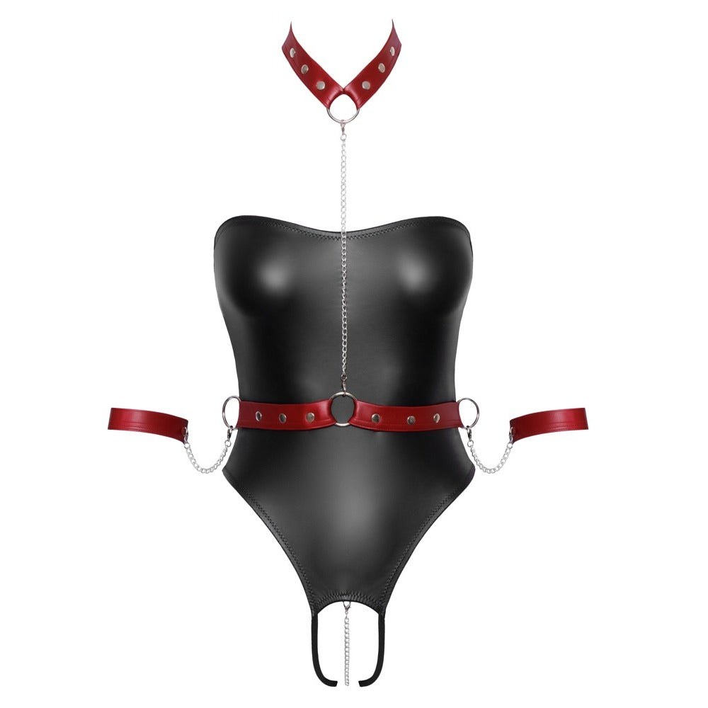 Black Matte Look Crotchless Body with Red Harness and Handcuffs - Bondage Harness