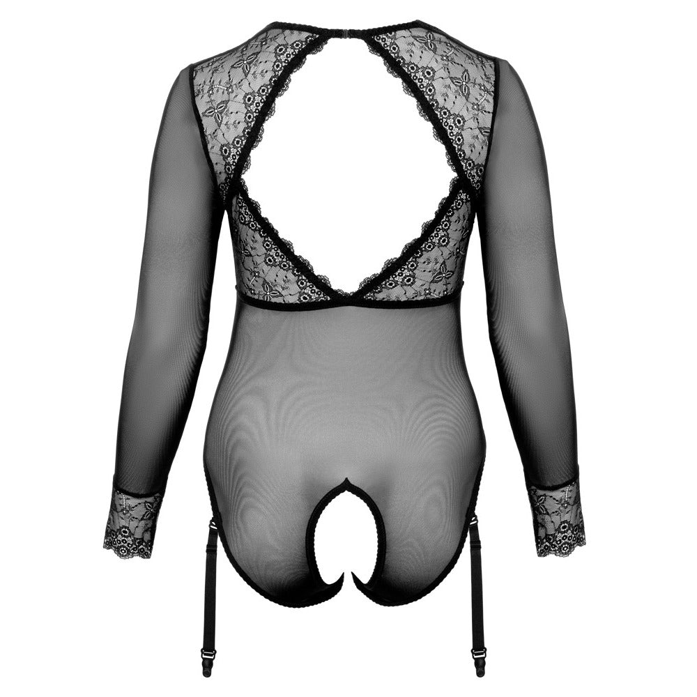 Black Long Sleeved Crotchless Body with Lace - Curvy Coverage