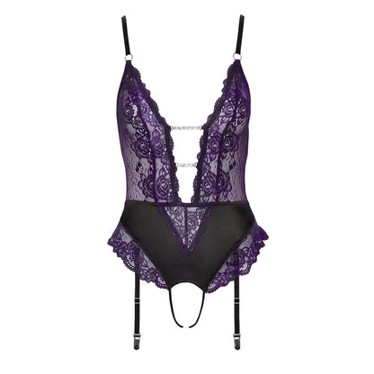 Purple Lace Crotchless Suspender Body with Chains - Royal Devotion