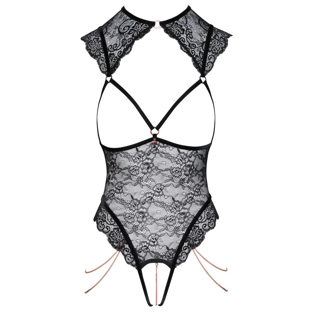 Black Floral Lace Open Body with Rhinestones and Thigh Chains - Floral Devotion