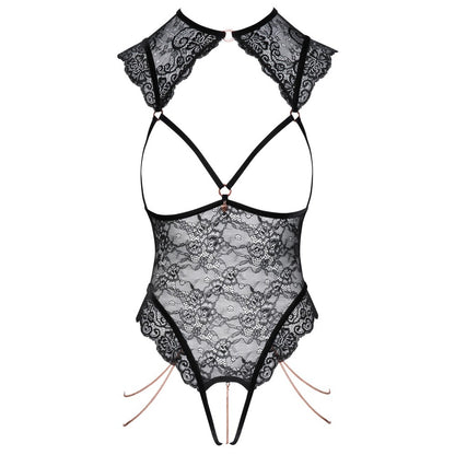 Black Floral Lace Open Body with Rhinestones and Thigh Chains - Floral Devotion