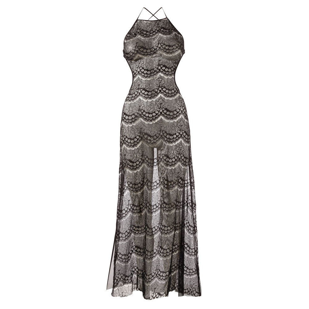 Black Lace Backless Long Halterneck Dress - Tasteful Devotion