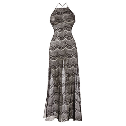 Black Lace Backless Long Halterneck Dress - Tasteful Devotion