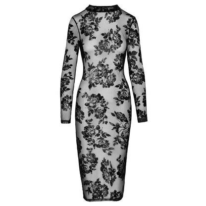 Black Floral Velvet Flock Transparent Long Sleeve Dress - Noir Transparency