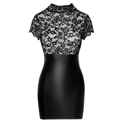 Black Lace and Power wet look Mini Dress with Back Lacing - Noir Lacing