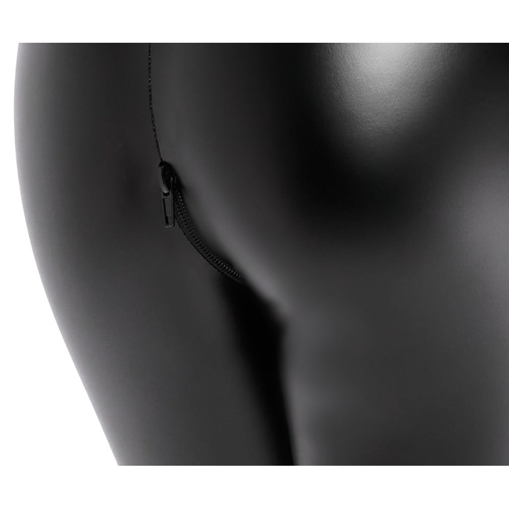 Black Powerwetlook Off-Shoulder Jumpsuit with 2-Way Zip and Rhinestones - Noir Devotion