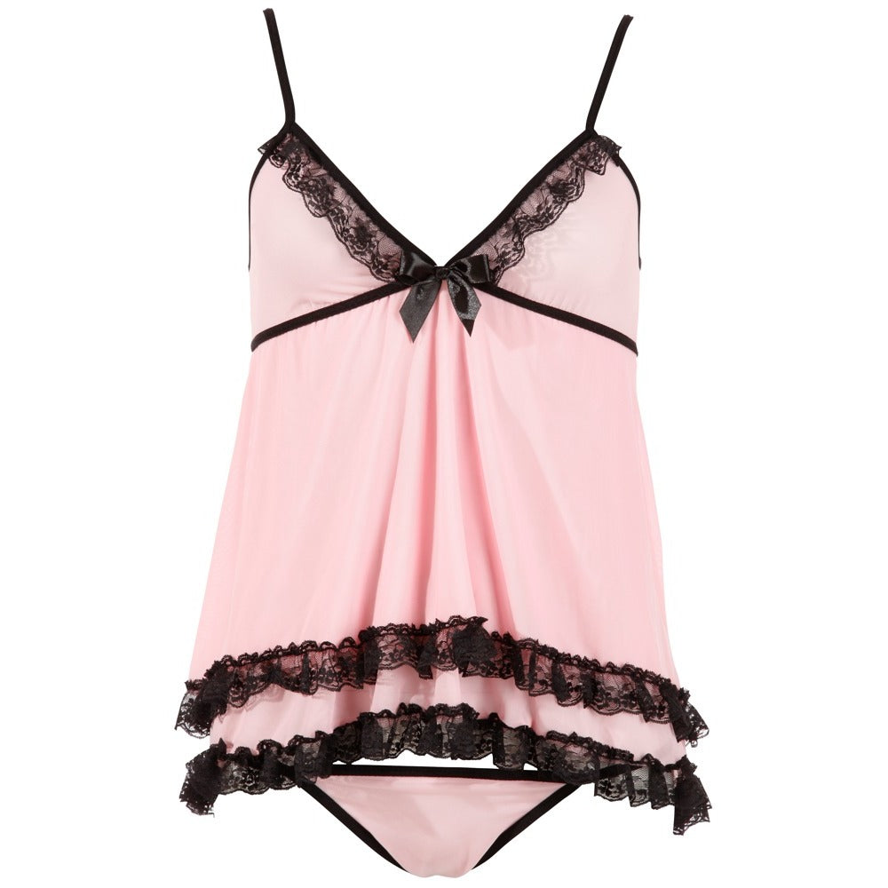 Pink Double-Layer Babydoll with Lace and Thong - Sweet Devotion