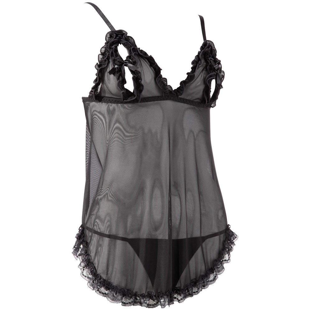 Black Open Cup Babydoll with Ruffled Lace and String - Midnight Seduction