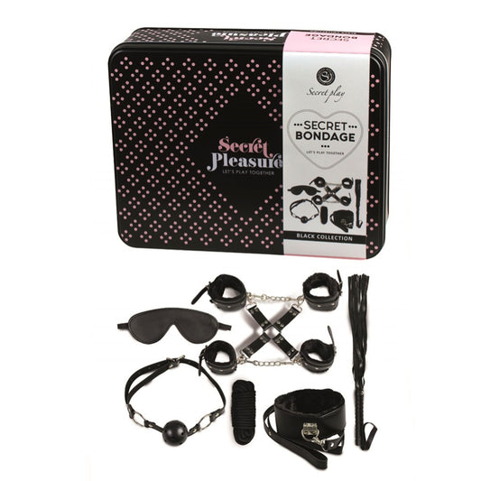 Secret Bondage Kit Black Collection - Vegan Leather 10m Rope Whip Cuffs Ball Gag Blindfold Collar Storage Tin