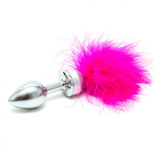 Small Butt Plug With Pink Feathers 3.5" - Stainless Steel Devotion