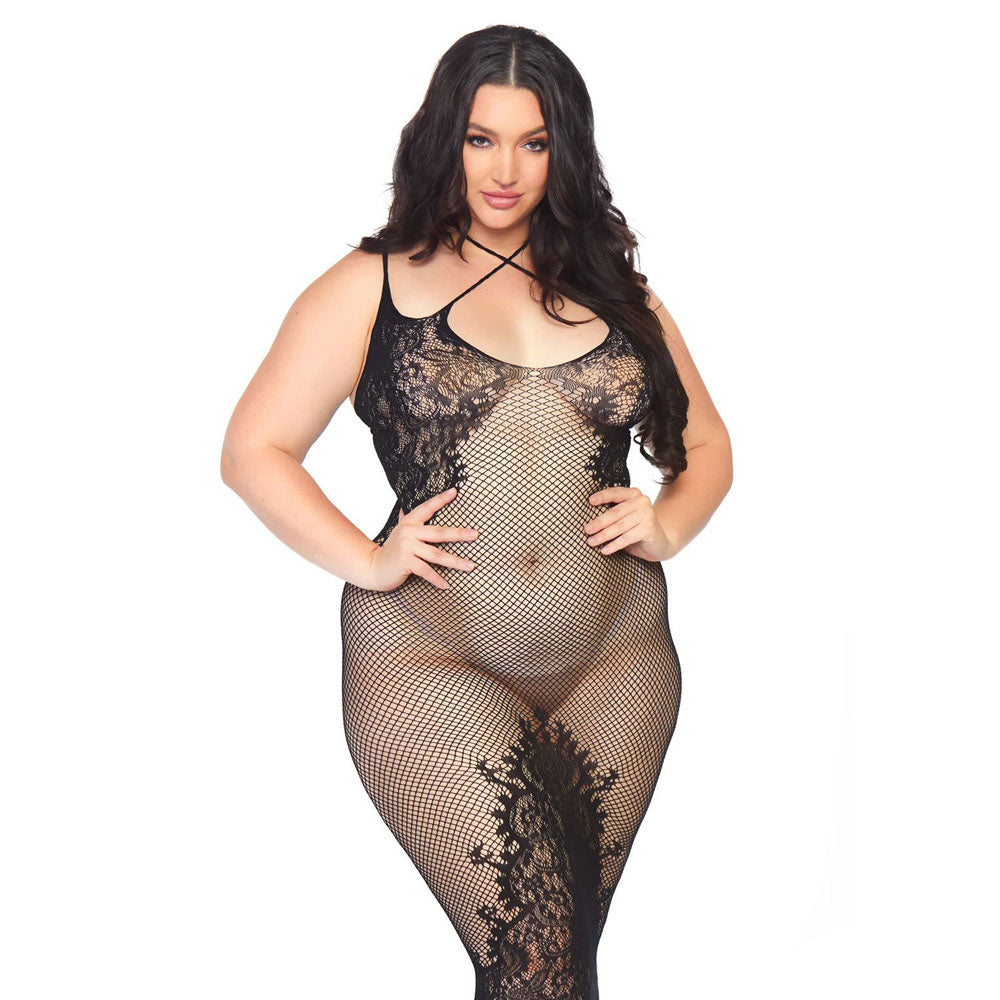 Black Seamless Net and Lace Dual Strap Halter Dress UK 18-22 - Curvy Lace-Up