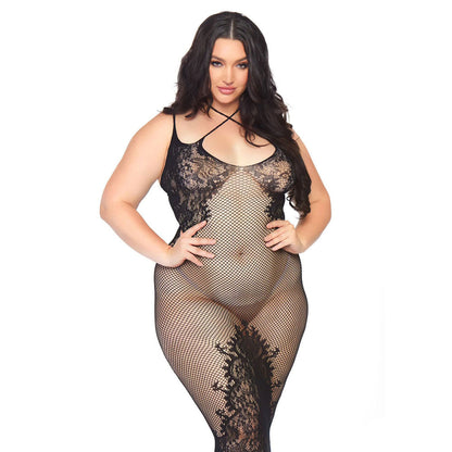 Black Seamless Net and Lace Dual Strap Halter Dress UK 18-22 - Curvy Lace-Up