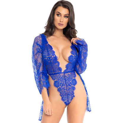 Blue Floral Lace Teddy with Cheeky Thong, Robe and Satin Tie 3-Piece Set - Celestial Garden