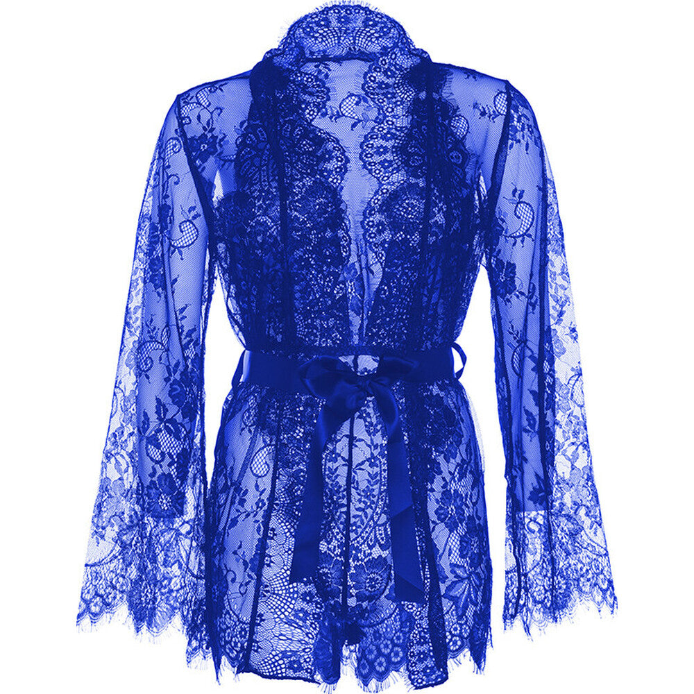 Blue Floral Lace Teddy with Cheeky Thong, Robe and Satin Tie 3-Piece Set - Celestial Garden