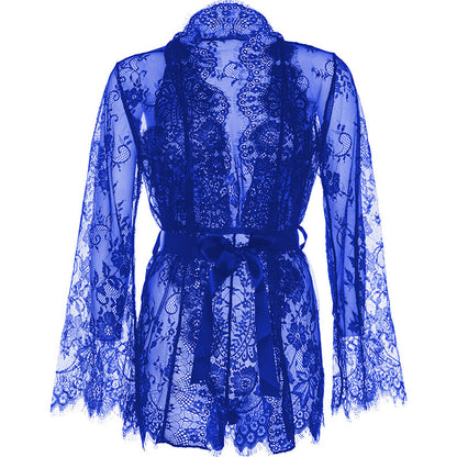 Blue Floral Lace Teddy with Cheeky Thong, Robe and Satin Tie 3-Piece Set - Celestial Garden