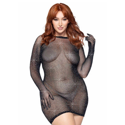 Black Rhinestone Fishnet Gloved Mini Dress UK 14-18 - Curvy Sparkle