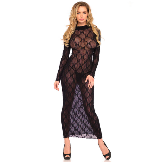 Black Bow Lace Long Sleeve Long Dress UK 8-14 - Elegant Length