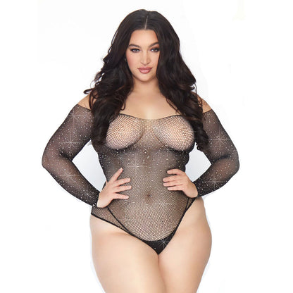 Black Crystalised Long Sleeve Fishnet Bodysuit UK 18-22 - Sparkling Curves