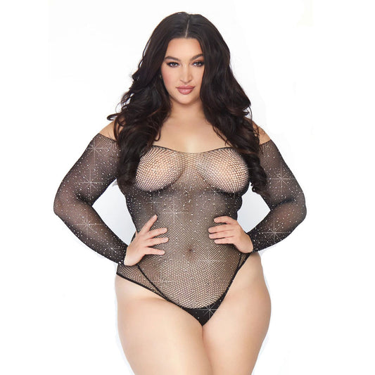 Black Crystalised Long Sleeve Fishnet Bodysuit UK 18-22 - Sparkling Curves