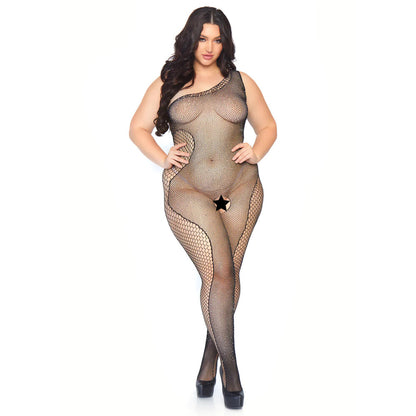 Black Crystalised Fishnet Asymmetrical Bodystocking UK 18-22 - Rhinestone Goddess