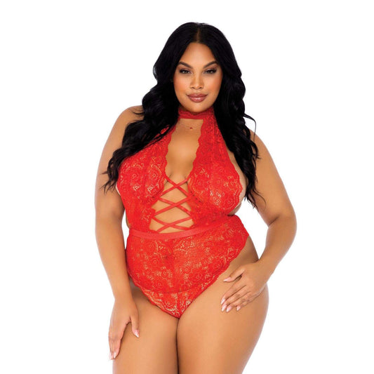 Leg Avenue Floral Lace Crotchless Teddy - Red UK 18-22