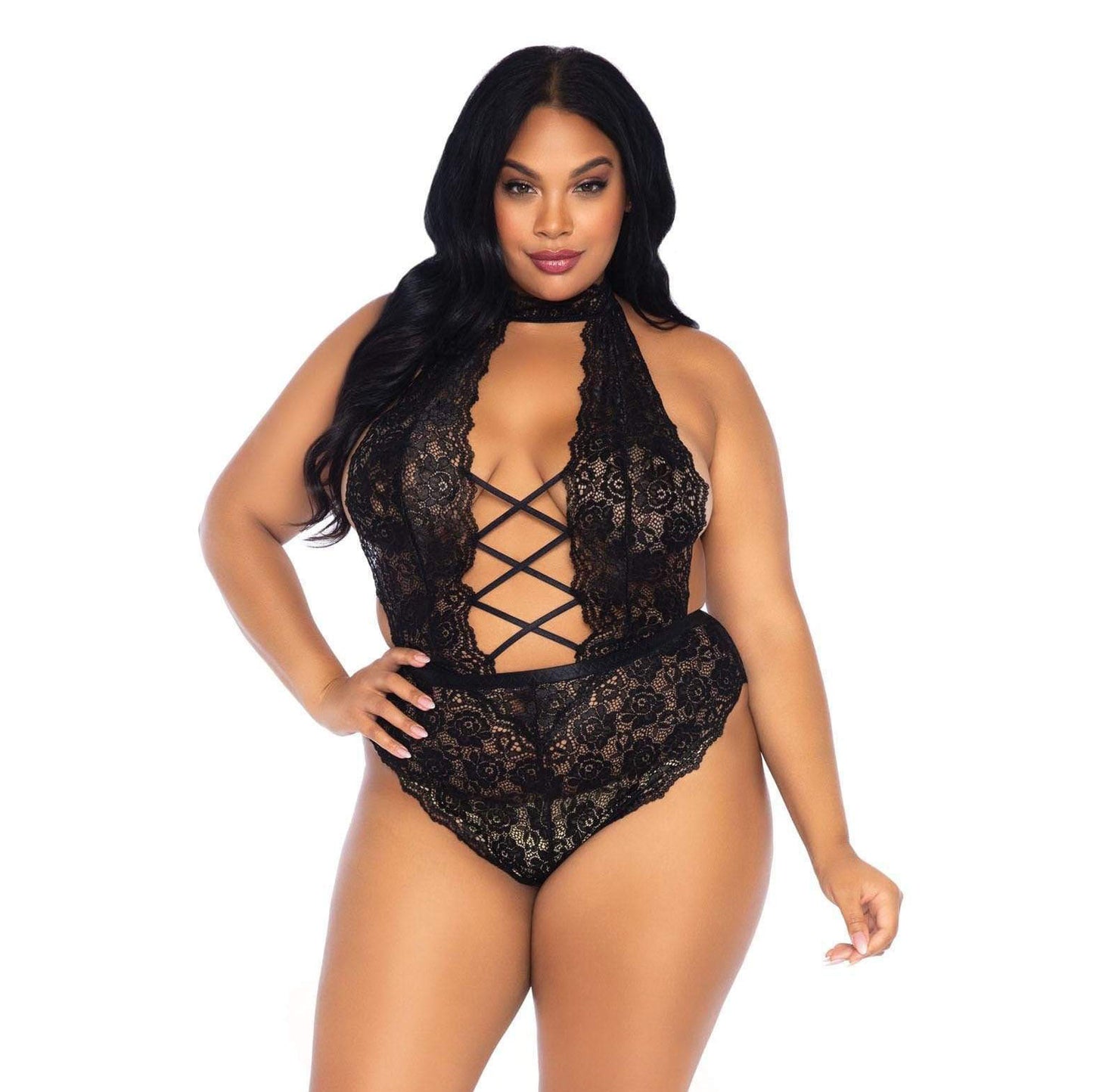 Leg Avenue Floral Lace Crotchless Teddy - Black UK 18-22