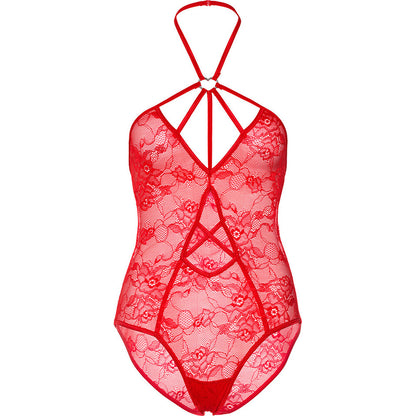 Red Stretch Lace Teddy with Heart Ring Halter and Keyhole - Crimson Heart