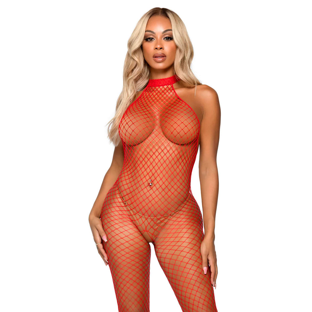 Red Industrial Net Racer Neck Backless Bodystocking UK 6-12 - Crimson Racer