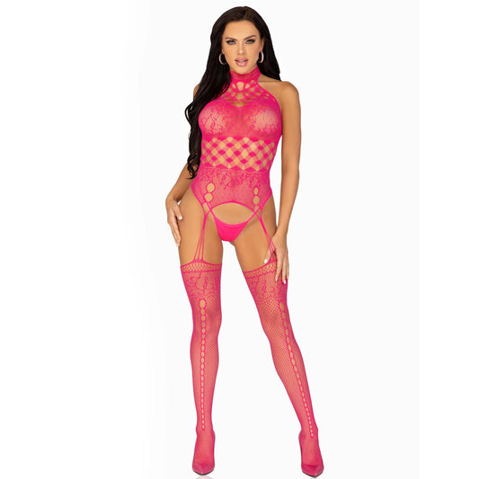 Pink High Neck Halter Hardcore Net and Lace Suspender Bodystocking UK 6-12 - Pink Devotion
