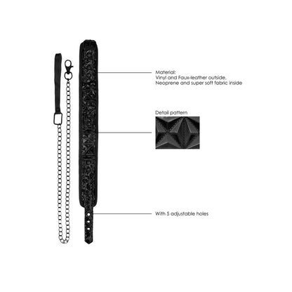 Ouch Luxury Collar With Leash Black 52.5cm - Diamond Pattern Neoprene 98.5cm Chain